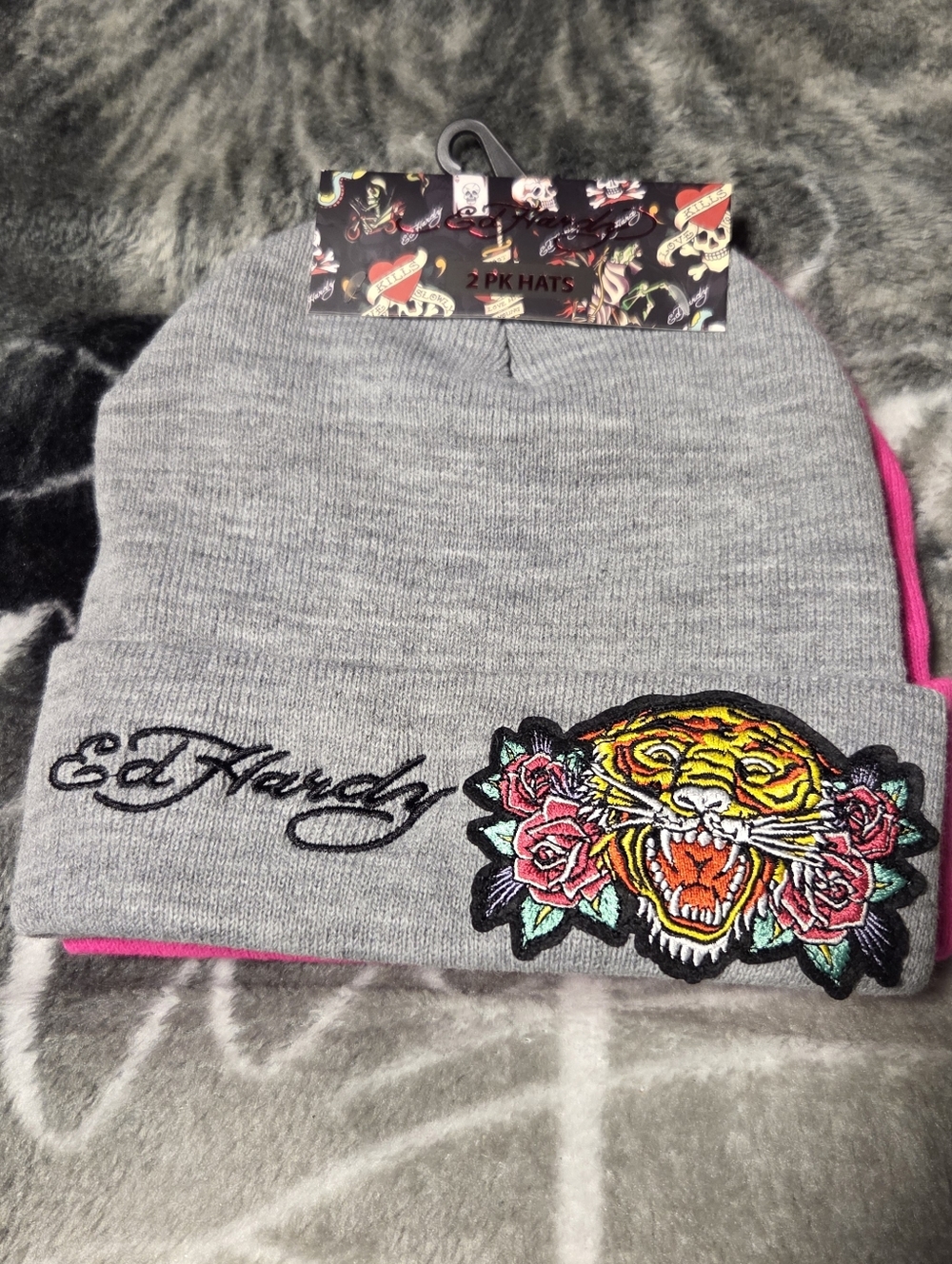 Ed Hardy 2 Pack Gray And Pink Beanie with Tiger Accent